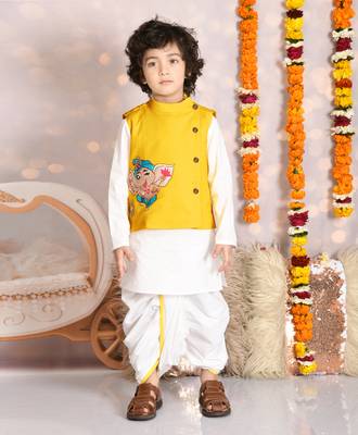 Yellow ganesh embroiderd jacket with kurta and dhoti set 2
