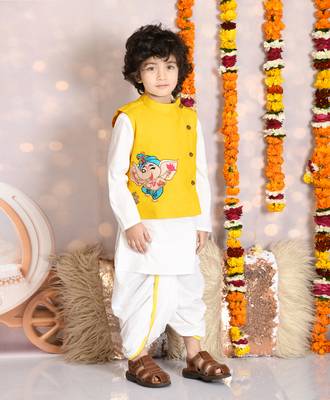 Yellow ganesh embroiderd jacket with kurta and dhoti set 3