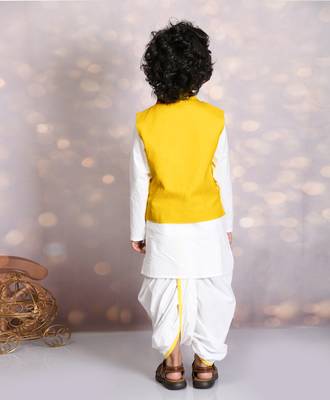 Yellow ganesh embroiderd jacket with kurta and dhoti set 4