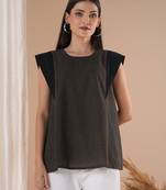 Black flared top in chequered cotton fabric with hand embroidered running stitch.