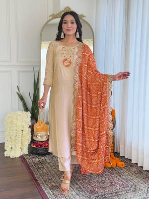 Women's Chiku Embroidered Viscose Straight Kurta Pant and Dupatta Set 1