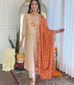 Women's Chiku Embroidered Viscose Fabric Straight Kurta, Pant and Dupatta Set