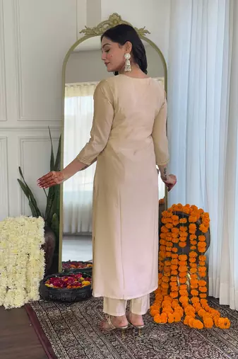 Women's Chiku Embroidered Viscose Straight Kurta Pant and Dupatta Set