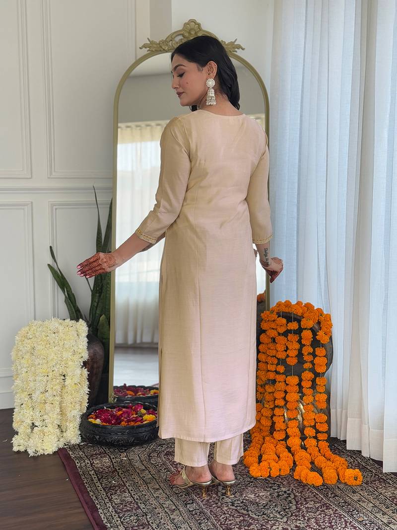 Women's Chiku Embroidered Viscose Fabric Straight Kurta, Pant and Dupatta Set