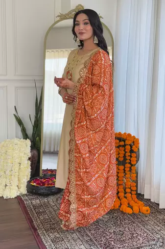 Women's Chiku Embroidered Viscose Straight Kurta Pant and Dupatta Set