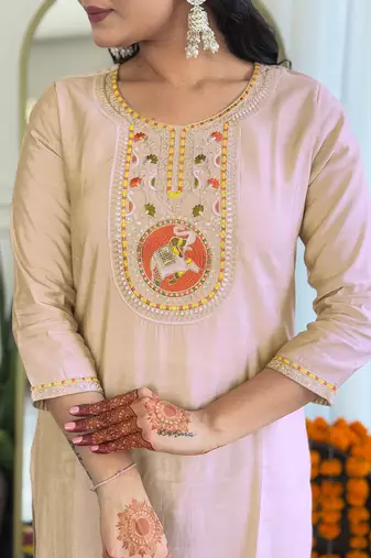 Women's Chiku Embroidered Viscose Straight Kurta Pant and Dupatta Set