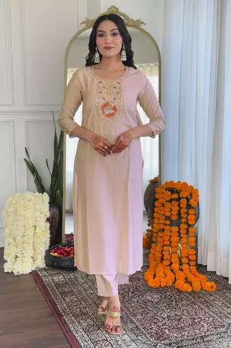 Women's Chiku Embroidered Viscose Straight Kurta Pant and Dupatta Set
