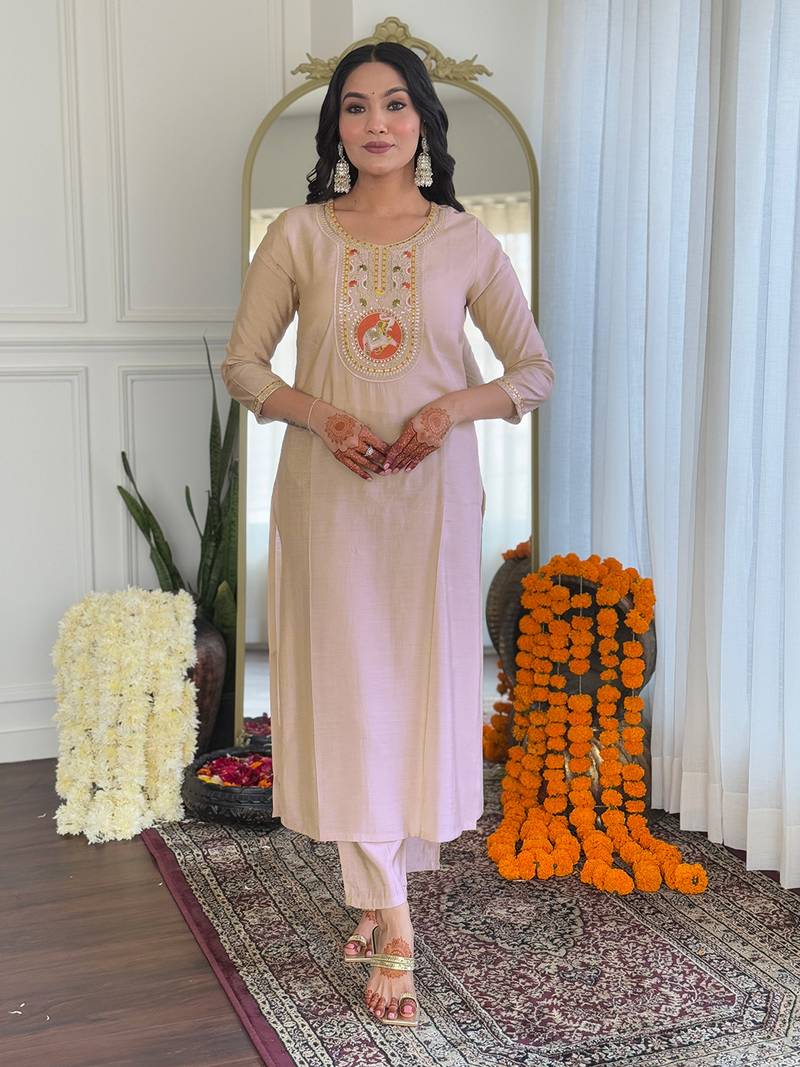 Women's Chiku Embroidered Viscose Fabric Straight Kurta, Pant and Dupatta Set