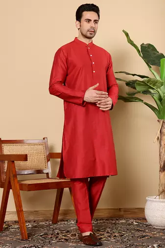 red straight viscose silk kurta