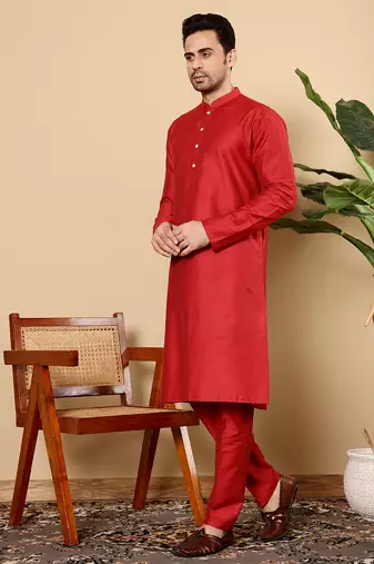 red straight viscose silk kurta