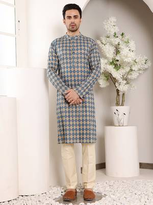 Blue and cream printed straight cotton kurta 1