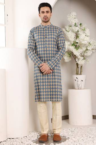 Blue and cream printed straight cotton kurta
