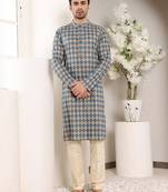 Blue and cream printed straight cotton kurta