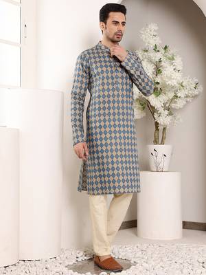 Blue and cream printed straight cotton kurta 2