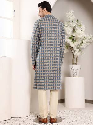 Blue and cream printed straight cotton kurta 4