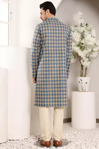 Blue and cream printed straight cotton kurta
