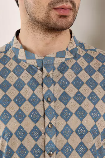 Blue and cream printed straight cotton kurta