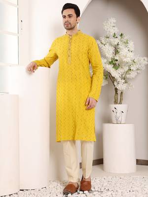 Yellow thread embroidery kurta straight cotton kurta 1