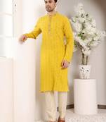 Yellow thread embroidery kurta straight cotton kurta