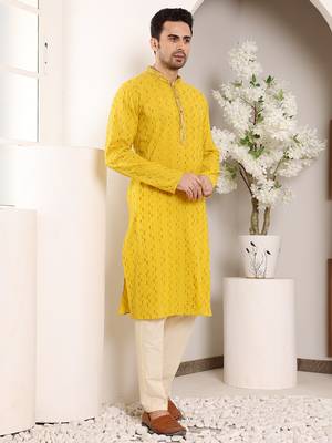 Yellow thread embroidery kurta straight cotton kurta 2