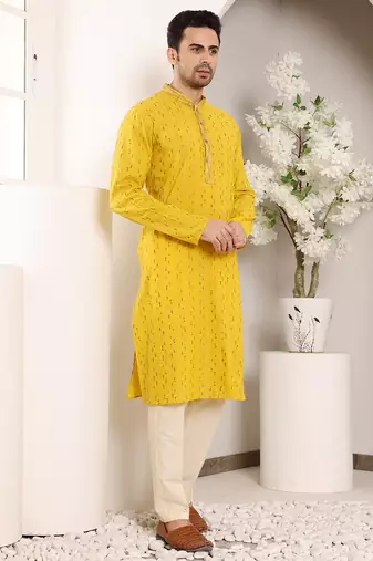 Yellow thread embroidery kurta straight cotton kurta
