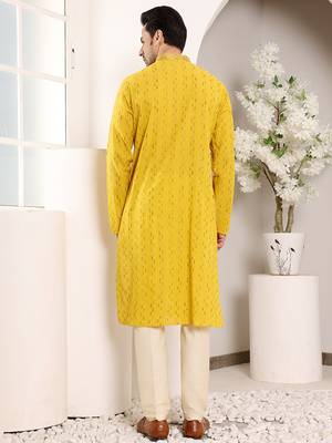 Yellow thread embroidery kurta straight cotton kurta 3