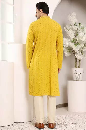 Yellow thread embroidery kurta straight cotton kurta