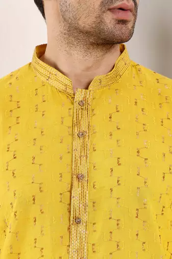 Yellow thread embroidery kurta straight cotton kurta
