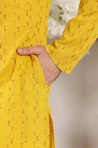 Yellow thread embroidery kurta straight cotton kurta