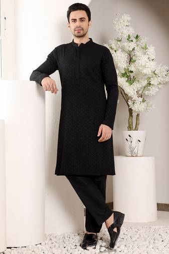 Balck rayon silk chikankari straight kurta