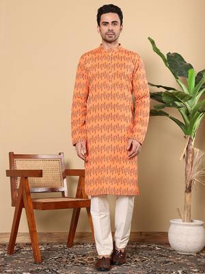 orange straight cotton printed kurta 1