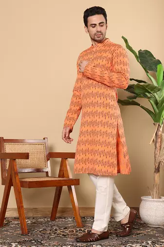 orange straight cotton printed kurta