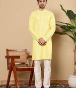 Yellow rayon silk straight chikankari kurta