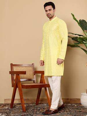 Yellow rayon silk straight chikankari kurta 2