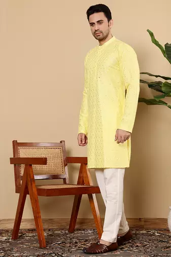 Yellow rayon silk straight chikankari kurta