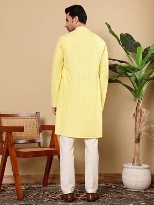 Yellow rayon silk straight chikankari kurta 3