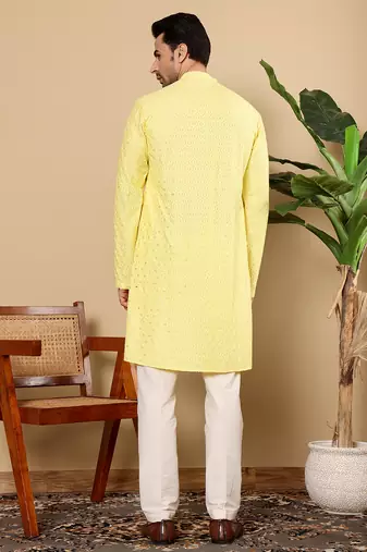 Yellow rayon silk straight chikankari kurta