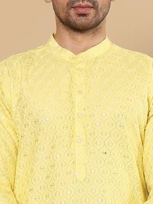 Yellow rayon silk straight chikankari kurta 4
