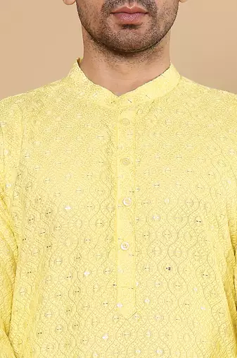 Yellow rayon silk straight chikankari kurta