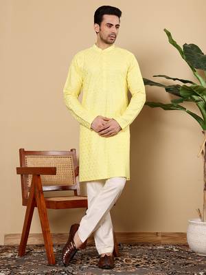 Yellow rayon silk straight chikankari kurta 5