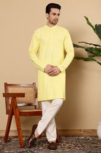 Yellow rayon silk straight chikankari kurta