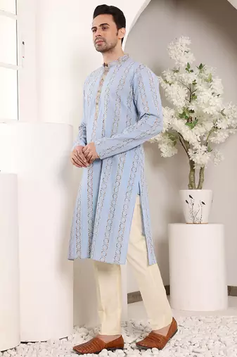 Blue printed straight cotton kurta