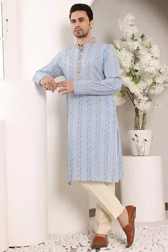 Blue printed straight cotton kurta