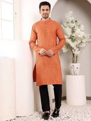 Orange ikkat print straight cotton kurta 1