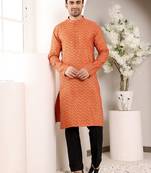 Orange ikkat print straight cotton kurta