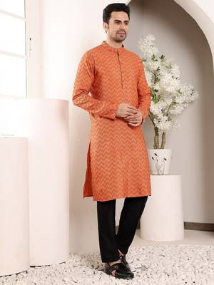 Orange ikkat print straight cotton kurta 2