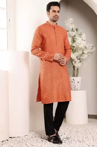 Orange ikkat print straight cotton kurta