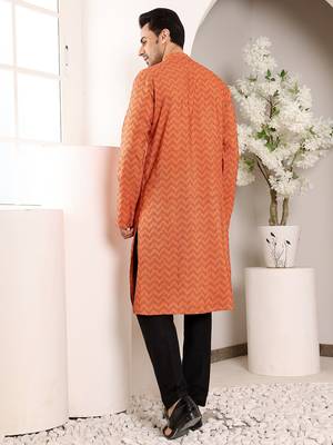 Orange ikkat print straight cotton kurta 3