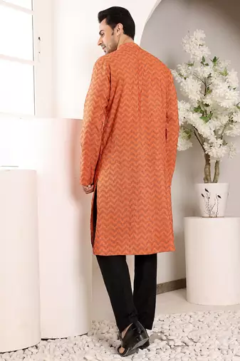 Orange ikkat print straight cotton kurta