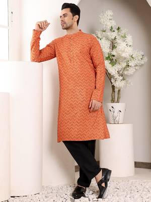 Orange ikkat print straight cotton kurta 4